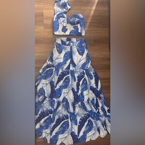 2pc Maxi Skirt and One shoulder top (Blue Leaf Print Women's)